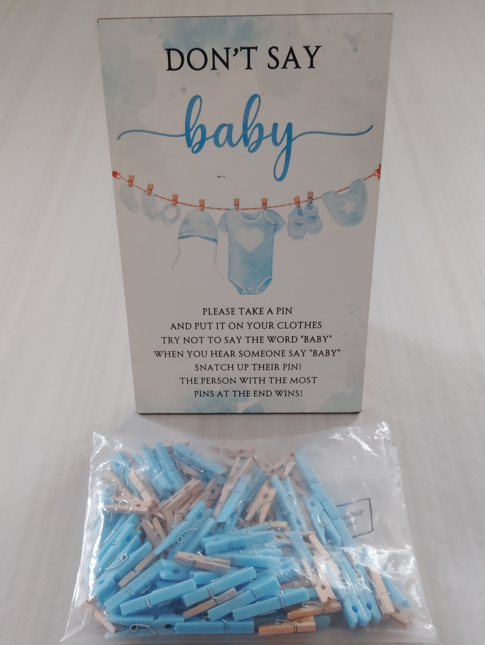 Baby Shower Game Sign and Blue Clothespin Set - Don’t Say Baby